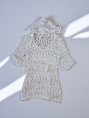 VENUS White Openwork Knit Hoodie Sweater